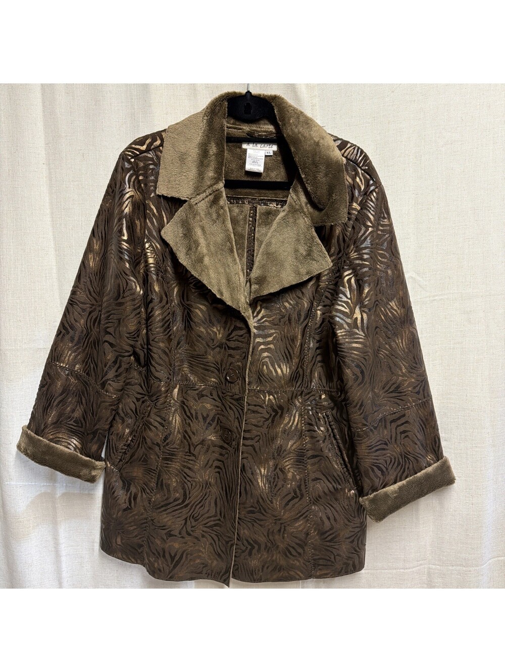 À La Carte Womens XL Faux Fur Lined Brown Metallic Animal Print Jacket